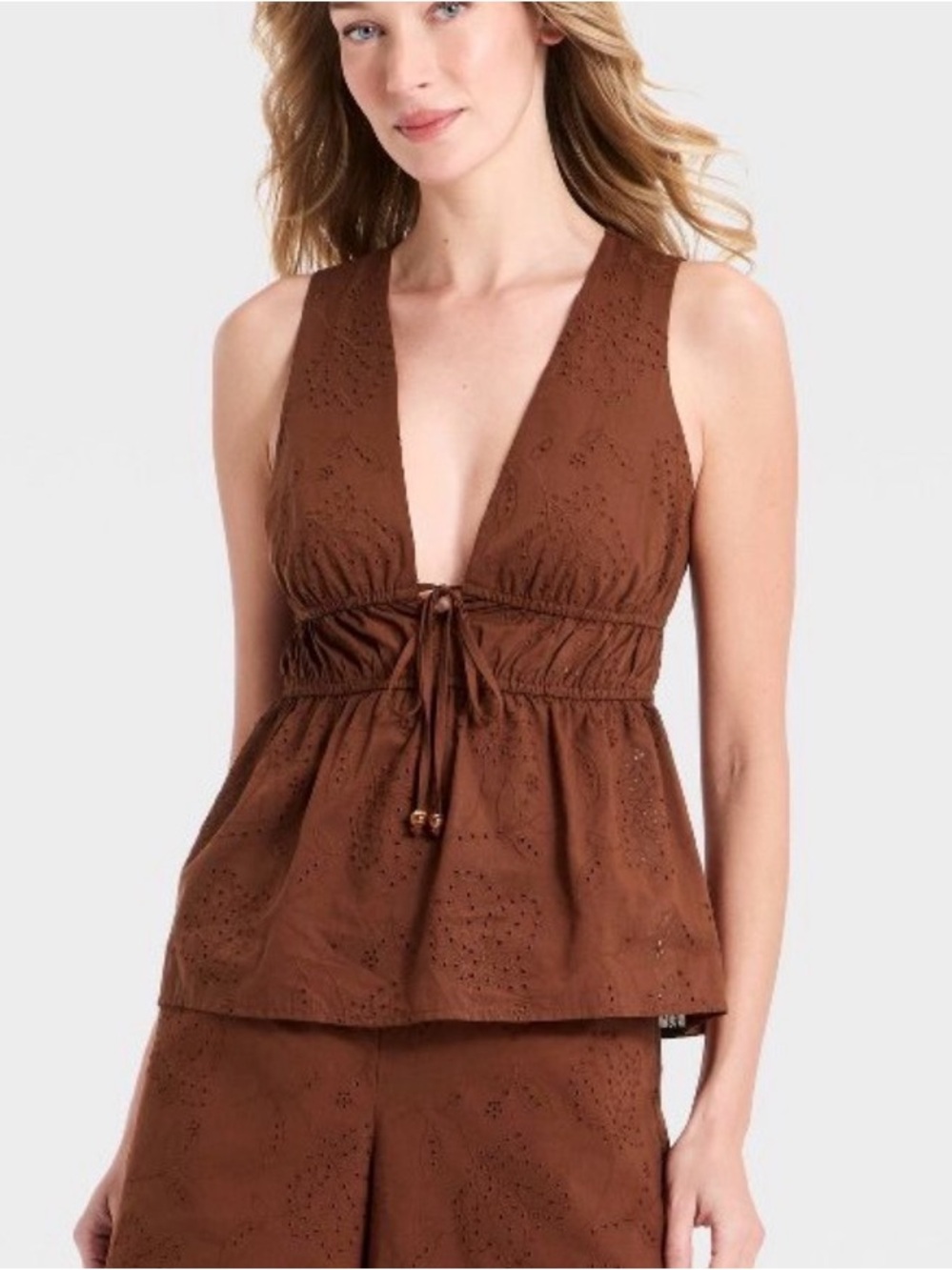 Brown Eyelet V-Neck Sleeveless tie front Top